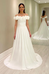 Elegant White A-Line Off-The-Shoulder Sleeveless Sweep Train Satin Wedding Dress With Handmade Flowers